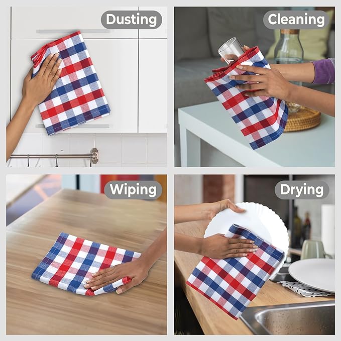 Urban Villa July 4th KitchenTowels Red/Blue/White DishTowels 100% Cotton (Set of 6) 20X30 Inches Buffalo Checks Highly Absorbent Soft Durable Reusable & Washable Kitchen Towels