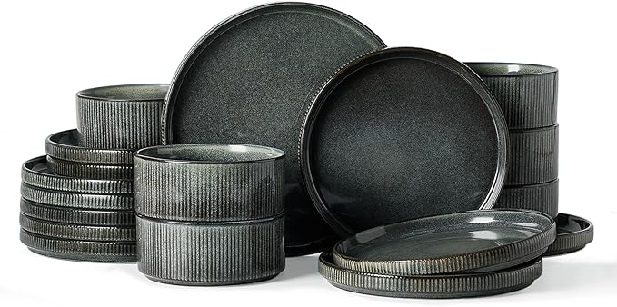 Famiware Star Dinnerware Set, Plates and Bowls Sets for 6 (18pcs), Ribbed Stoneware Dishes - Chip & Scratch Resistant, Microwave & Dishwasher Safe Kitchenware, Deep Forest