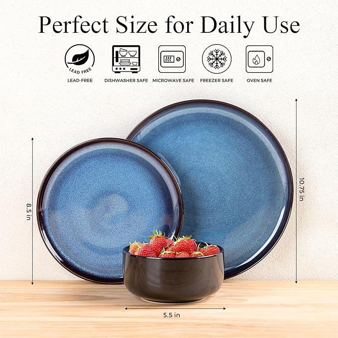LERATIO Ceramic Dinnerware Sets for 4,12 Pieces Poreclain Plates and Bowls Sets,Scratch Resistant Dishes,Dishwasher & Microwave Safe,Oven Safe Dishes Set,Service for 4 - Blue