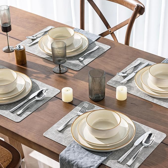 AmorArc Dinnerware Set, 12 Pieces Ceramic Plates and Bowls Sets, Stoneware Plates Set Handpainted, Dishwasher & Microwave Safe Dishes (Speckled Beige, Service for 4)