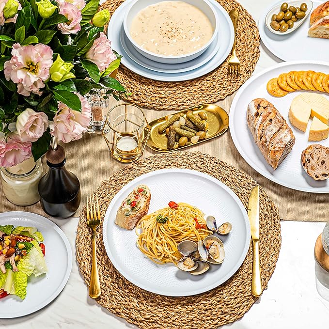 bzyoo 12 Piece Melamine Dinnerware Set - Durable, Dishwasher Safe White Plates and Bowls - for Casual Dining, Parties Dish Set, White Mono Collection