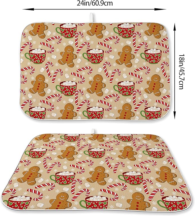 Christmas Dish Drying Mats 18x24 Inch Candy Cane Snowflake Gingerbread Man Drying Mats Xmas Winter Holiday Kitchen Decor Absorbent Drying Pad Rack Drainer Mats for Kitchen Dining Room Counter