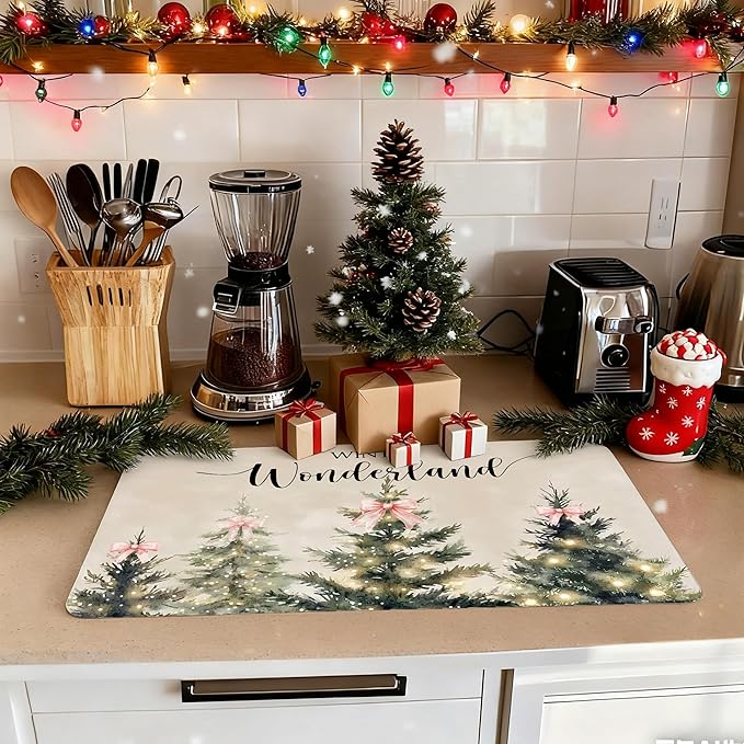 Winter Christmas Tree Dish Drying Mat, Pink Bow Xmas Tree Coffee Bar Mat for Countertops, Vintage Christmas Absorbent Dish Drying Mats for Kitchen Counter Coffee Maker, 16x24 Inch
