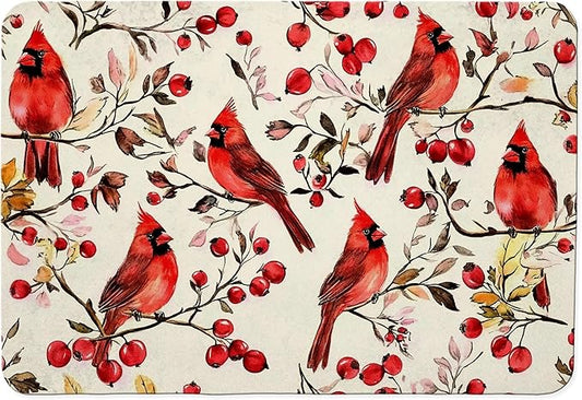 Christmas Red Cardinal Dish Drying Mat, Christmas Berry Tree Cardinal Coffee Bar Mat for Countertops, Rustic Xmas Absorbent Dish Drying Mats for Kitchen Counter Coffee Maker, 16x24 Inch