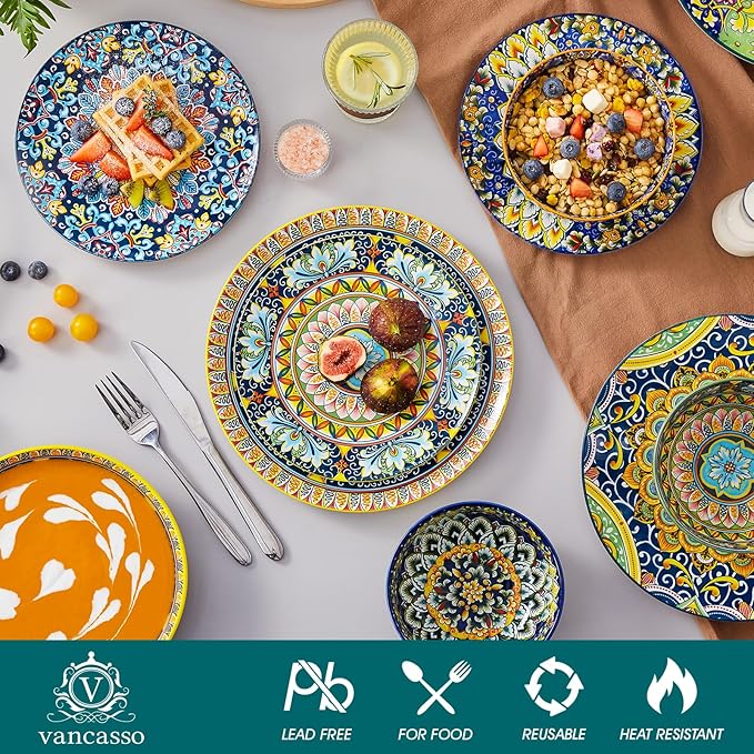vancasso 24 Pieces Dinnerware Sets, Plates and Bowls Set, Porcelain Dishes Set for 6, Microwave and Dishwasher Safe, Scratch Resistant, Bohemian Style Dining Ware Service for 6, Series SIMI
