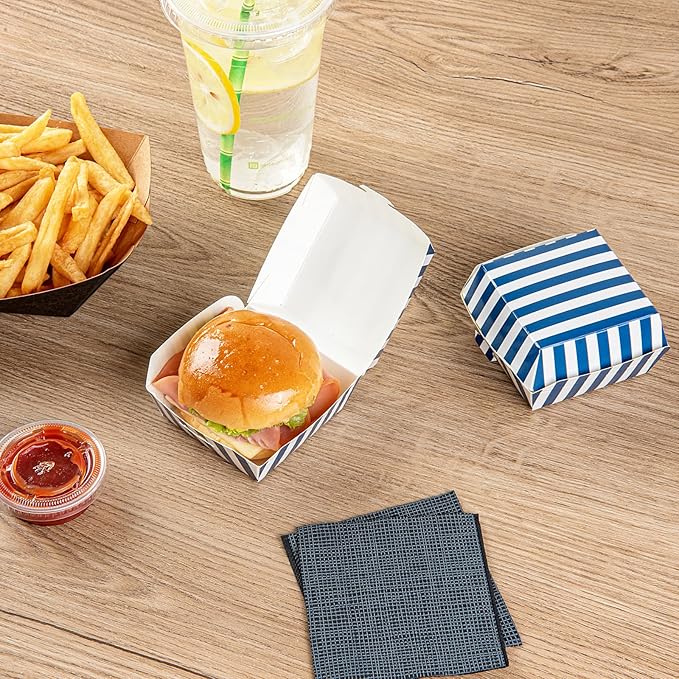 Restaurantware 2.8 x 2.8 x 2 Inch Mini Burger Boxes 100 Clamshell Food Containers - Hinged Lid Striped Blue And White Paper Take Out Boxes Serve Sliders Or Finger Foods