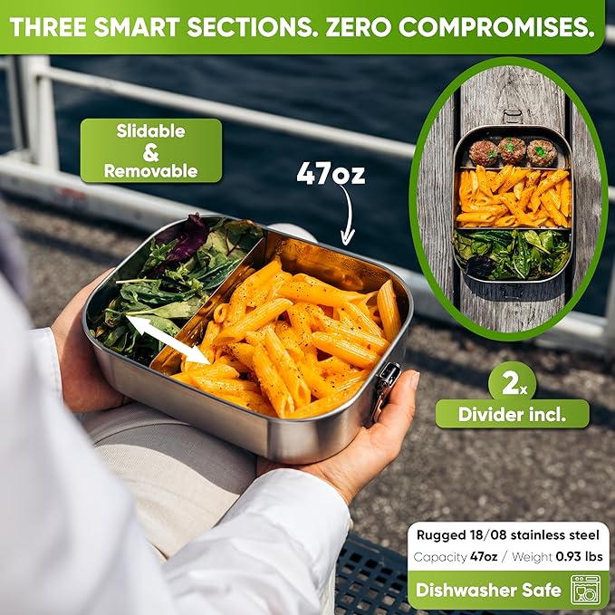 Blockhütte Stainless Steel Lunch Box for Adults I 47oz I Bento Box 3 Compartments with free Sealing, Leak-Proof Container, Metal Lunchbox for Travel, Work, Eco-Friendly Meal Storage Solution