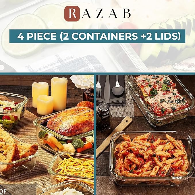 Razab 6.5 Cups / 52 Oz 4 Piece (2 Containers + 2 Lids) Glass Food Storage Containers Set with Airtight Locking Lids - For Storing, Baking & Serving BPA Free, Leakproof - Microwave, Freezer & Oven Safe