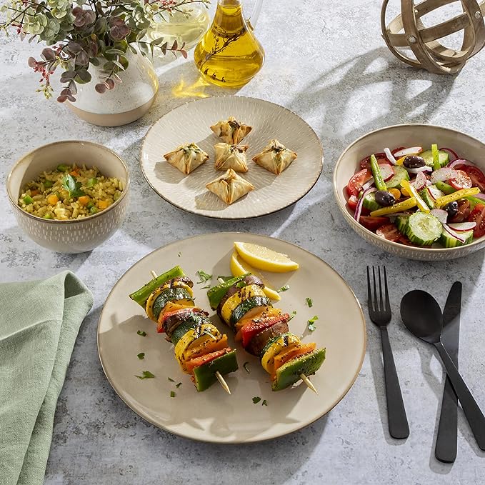 Gibson Elite Matisse Double Bowl Dinnerware Set, Service for 4 (16pcs), Taupe