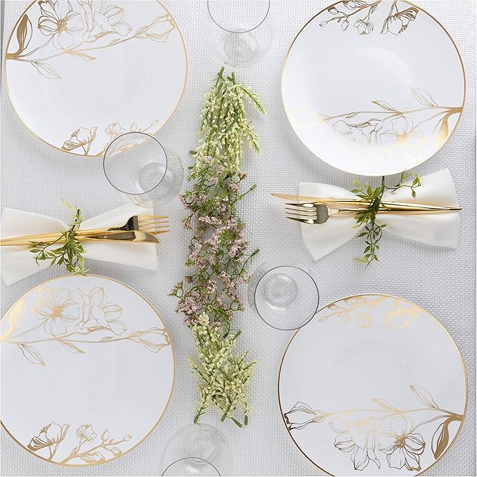 PLASTICPRO White Plastic Floral Design Party Plates With Gold Rim Premium heavyweight Elegant Disposable Tableware Dishes (120, 9'' INCH PLATES)