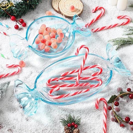 Christmas Dish, Blue Set of 2 Glass Candy Platter Serving Dessert Plates, Christmas Dinnerware Tray Decorative Plates for Xmas Holiday Party Favor, Long & Round