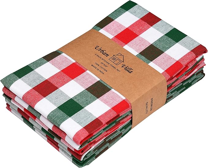 Urban Villa Christmas Set of 6 Kitchen Towels 20×30 Inch 100% Cotton Highly Absorbent Dish Towels Premium Quality Ultra Soft Bar & Tea Towels with Mitered Corners- Red/Green/White