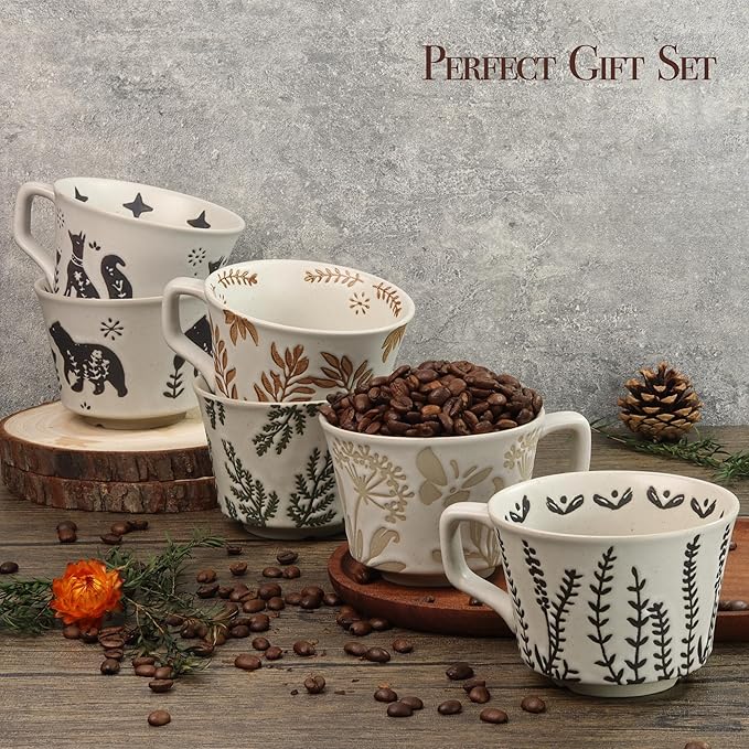 Ceramic Coffee Mug, 12 oz Novelty Unique Teacup with Large Handle, Stoneware Cup for Tea Mocha Latte Cappuccino Espresso (Set of 2, Ivy and Leaf)
