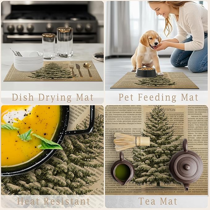 Vintage Christmas Tree Dish Drying Mat, Retro Spruce Xmas Tree Newspaper Absorbent Dish Drainer Reusable Washable Drying Mat Pad for Kitchen Counter, Rustic Christmas Decor, 12×15 Inch