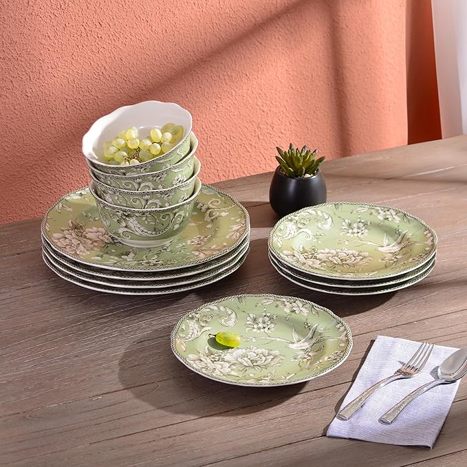 222 Fifth Adelaide Sage Porcelain 12-Piece Dinnerware Set – Service for 4, Includes Dinner Plates, Salad Plates & Cereal Bowls, Durable Porcelain, Dishwasher Safe, for Everyday Dining & Entertainment