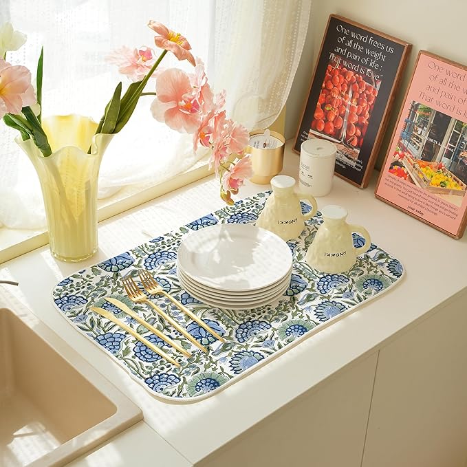 Blue Sage Green Floral Dish Drying Mats 18x24 Inch Sage Green Block Print Flower Holiday Kitchen Decor Absorbent Drying Pad Rack Drainer Mats for Kitchen Dining Room Counter