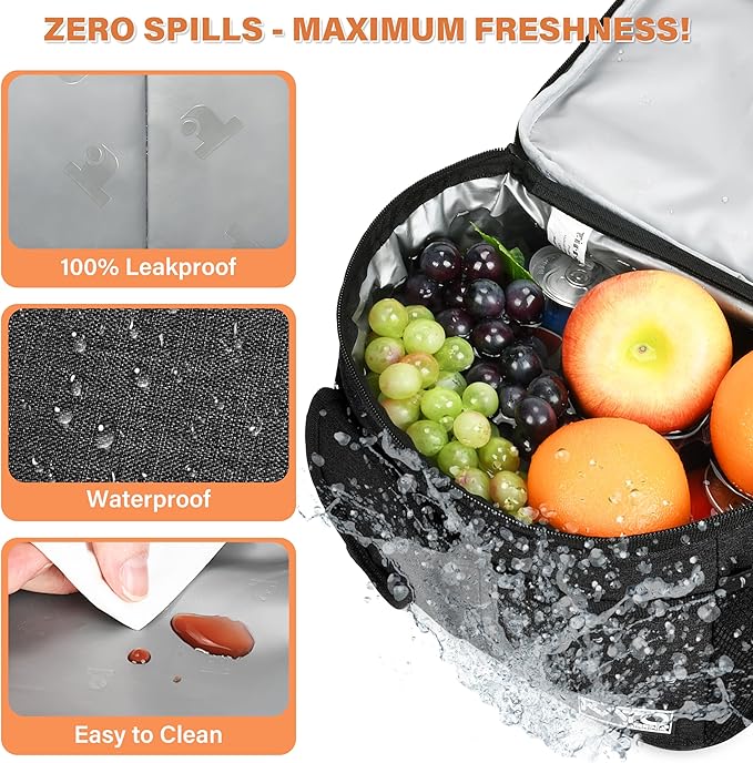 Tirrinia Insulated Lunch Bag for Women Men, Leakproof Lunch Box Containers for Adult, Work, School, Soft Lunchbox for Kids,Boys, Adult Cooler Bag for Picnic Hiking Beach,Black