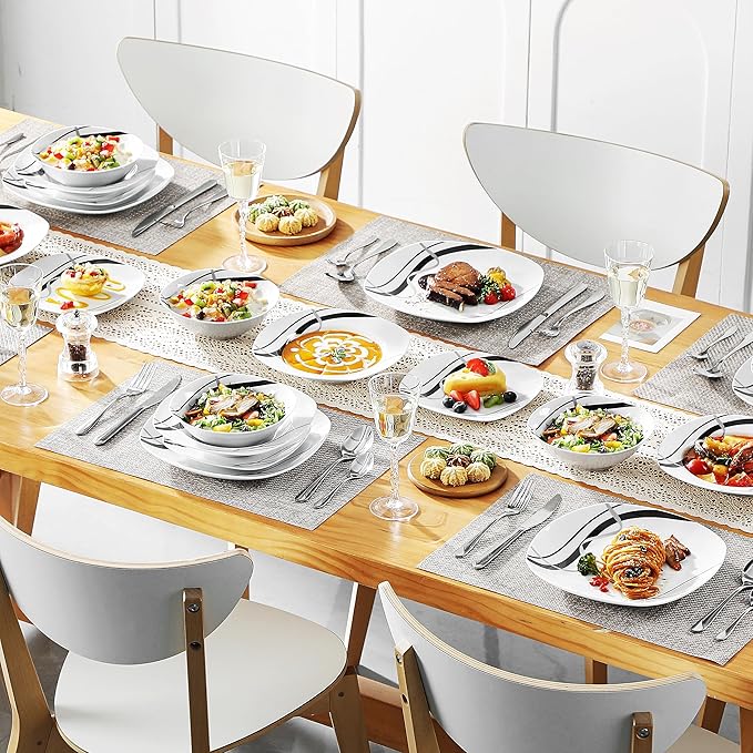 VEWEET, Series Fiona, 30-Piece Dinnerware Sets for 6, White Dishes Set with Black and Gray Stripes, Porcelain Dinner Set Including Dessert Plates, Soup Plates, Dinner Plates, Cups & Saucers