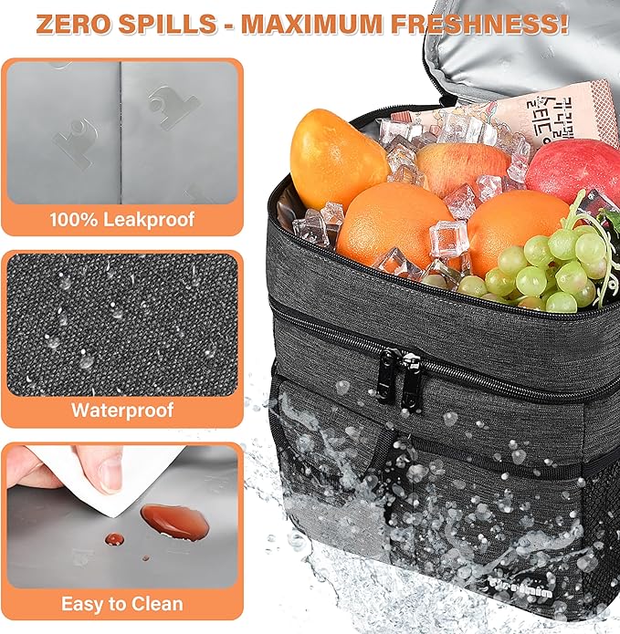 Tirrinia Large Insulated Lunch Box for Women Men, Double-Layer Leak-Proof Reusable Lunch Bag with 4 Pockets for Adult, Lunch Bag Cooler Tote for Office Work and Travel,Black