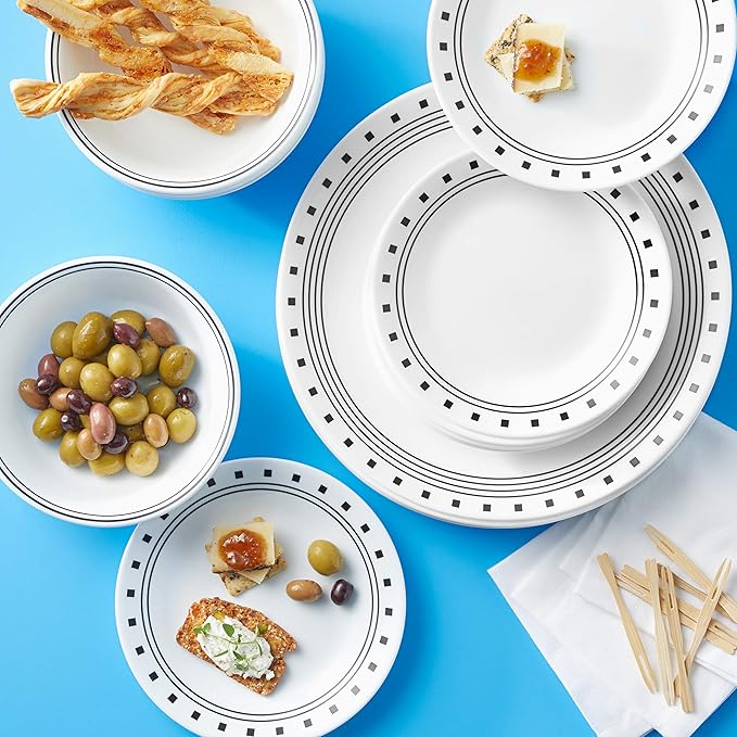 Corelle Vitrelle 18-Piece Service for 6 Dinnerware Set Triple Layer Glass and Chip Resistant, Lightweight Round Plates and Bowls Set, City Block