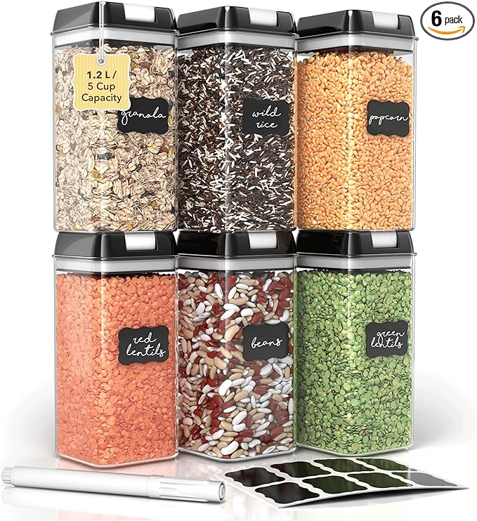 Simply Gourmet Airtight Food Storage Containers with Lids – 6 Piece Slim Kitchen Pantry Organization Set, 5 Cup Capacity, BPA-Free Clear Plastic, Stackable Containers for Flour, Sugar, Rice, Snacks