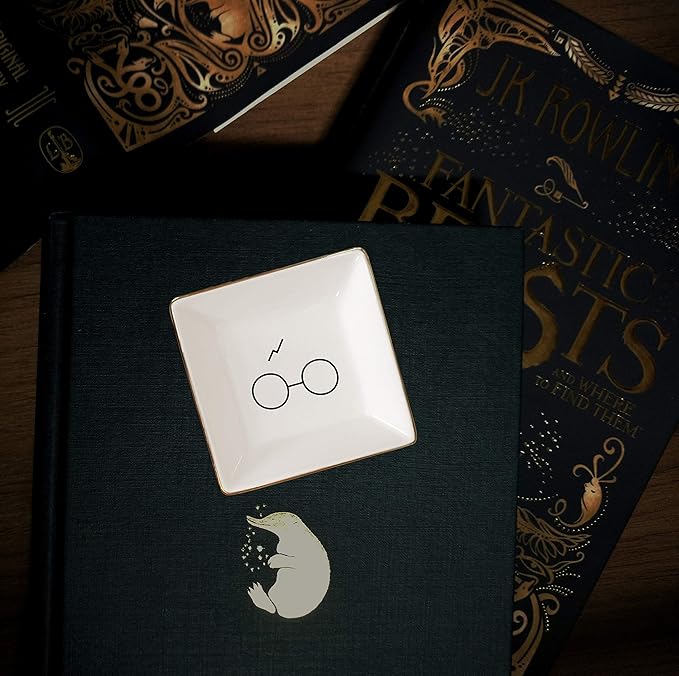 Simply Charmed Porcelain Jewelry Ring Holder Tray – Harry Potter Gift, Porcelain Trinket Dish, 4"x4" White with Golden Glaze, Jewelry Organizer