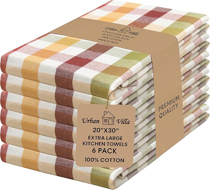 Urban Villa Fall Kitchen Towels Harvest Checks Dish Towels Set of 6 20" X30” 100% Cotton Highly Absorbent Quick Drying Dish Cloths & Dish Towels Thanks Giving Tea Towels with Hanging Loop Bar Towels