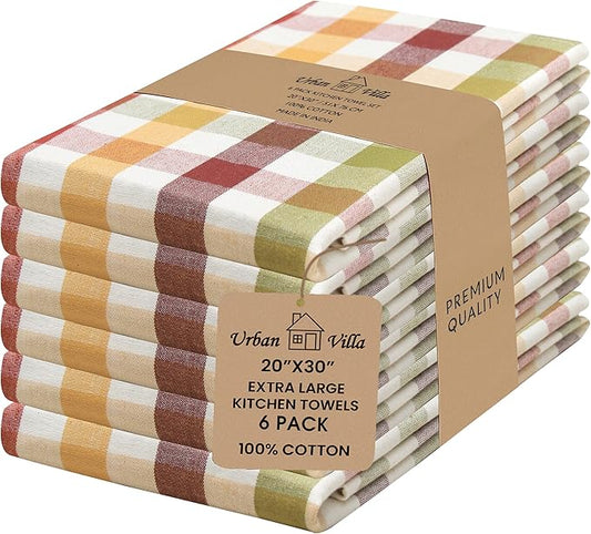 Urban Villa Fall Kitchen Towels Harvest Checks Dish Towels Set of 6 20" X30” 100% Cotton Highly Absorbent Quick Drying Dish Cloths & Dish Towels Thanks Giving Tea Towels with Hanging Loop Bar Towels
