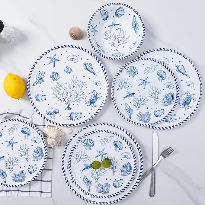 LEHAHA 12-Piece Coastal Melamine Dinnerware Set Service for 4, Unbreakable & Lightweight Round Plates and Bowls Set, Outdoor Dish Set for Patio, Camper, RV, Indoor Outdoor Use with Ocean Printed