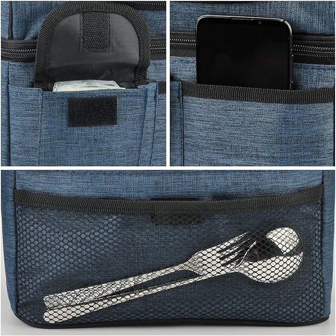 Tirrinia Reusable Lunch Box for Men Women, Insulated Lunch Bag Adult Work, Double Decker Leakproof Lunchbox for Office Picnic Beach—Dual Compartment Lunch Cooler Bag,Dark Blue