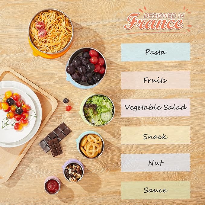 Stainless Steel Food Storage Container, Set of 6, Nesting Bowls with Colorful Lids, stackable leakproof Metal Lunch Box Set for Kids, Daycare, School, Travel. Sauce Salad dressing Container to go