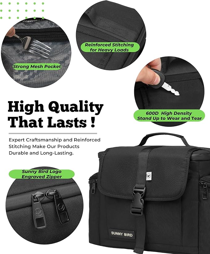 SUNNY BIRD Large Lunch Bag, Thermally Insulated Soft Cooler with Shoulder Strap for Women, Men (Black)