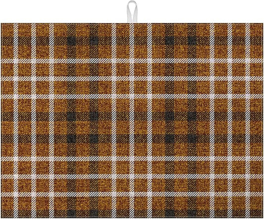 Brown Plaid Dish Drying Mat for Kitchen Counter Microfiber Absorbent Dish Kitchen Drying Mat Draining Reusable Washable for Dishes/Utensils/Counterto