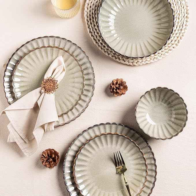 GBHOME Stoneware Dinnerware Sets for 4,Handcrafted Embossed Design Reactive Glaze Ceramic Plates and Bowls, Dishwasher and Microwave Safe, Service for 4(12pcs)