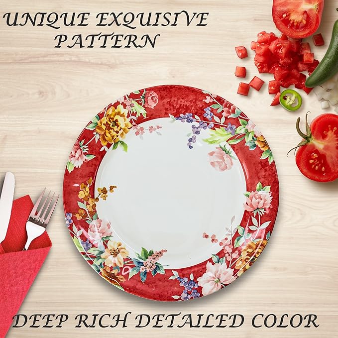 Tudor Royal 16-Piece Porcelain Round Dinnerware Set, Service for 4, Crimson Design, Summer Floral, Plates Bowls Mugs Dishes, Glossy, Premium Quality Tableware, Unique Pattern