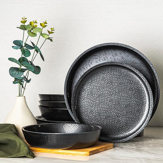 bzyoo 12 Piece Melamine Dinnerware Set - Durable, Dishwasher Safe Black Plates and Bowls - Casual Dining, Parties, Camping Dish Set Mono Black Collection