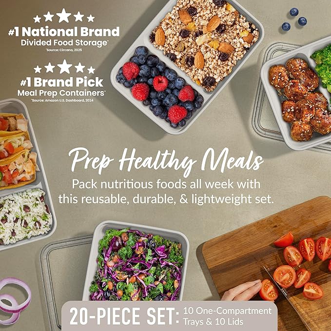 Bentgo Prep - 20-Piece 2-Compartment Reusable Meal Prep Containers with Lids, PFAS & BPA Free Materials, Durable, Microwave, Freezer, & Dishwasher Safe To Go Food Storage (Whisper Gray)