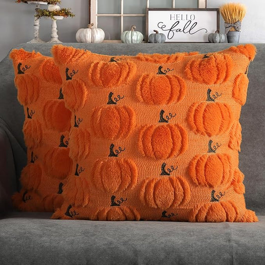 4TH Emotion Fall Pumpkin Decorative Pillow Covers 16x16 Set of 2, Orange Soft Plush Faux Fur Wool Farmhouse Throw Cushion Cases for Autumn Thanksgiving Holiday Home Decorations