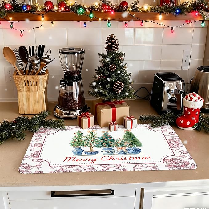 Chinoiserie Christmas Tree Dish Drying Mat, Vintage Floral Christmas Coffee Bar Mat for Countertops, Grandmillennial Xmas Absorbent Dish Drying Mats for Kitchen Counter Coffee Maker, 16x24 Inch