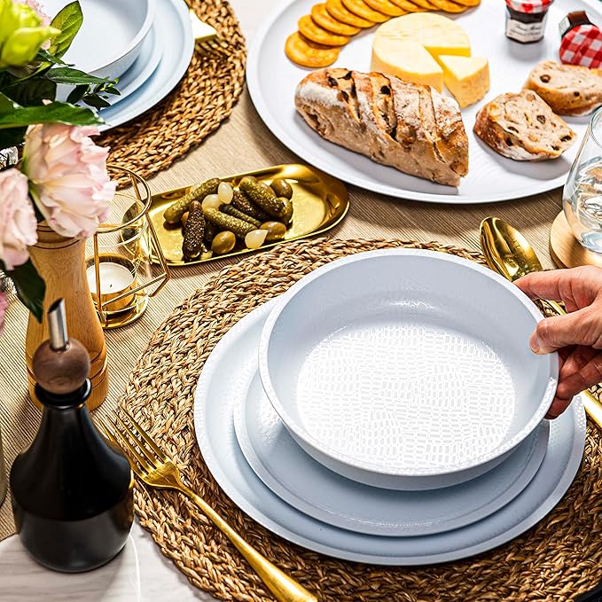 bzyoo 12 Piece Melamine Dinnerware Set - Durable, Dishwasher Safe White Plates and Bowls - for Casual Dining, Parties Dish Set, White Mono Collection