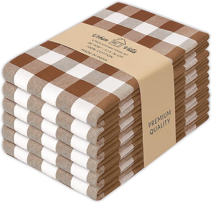 Urban Villa Kitchen Towels Set of 6 Buffalo Checks Brown/White Kitchen Towels 20X30 Inches 100% Cotton Highly Absorbent Kitchen Towels Premium Quality Ultra Soft Mitered Corners Kitchen Towels