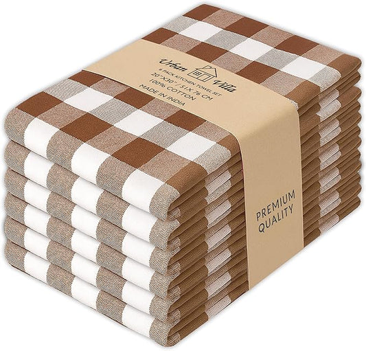 Urban Villa Kitchen Towels Set of 6 Buffalo Checks Brown/White Kitchen Towels 20X30 Inches 100% Cotton Highly Absorbent Kitchen Towels Premium Quality Ultra Soft Mitered Corners Kitchen Towels