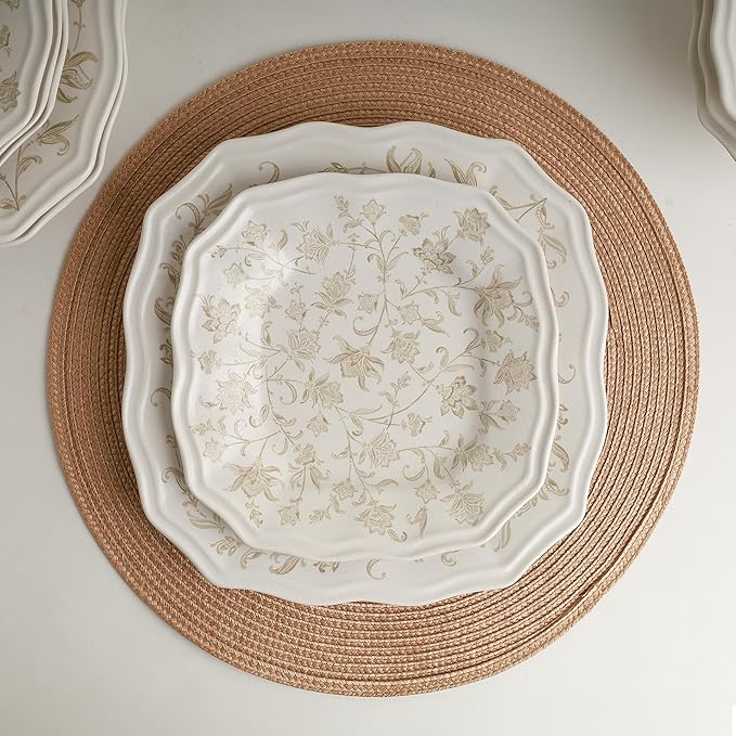 222 Fifth 12-Piece Porcelain Dinnerware Set for 4, Glossy Cream Plates and Bowls Set with Taupe Flowers, Elegant Square Ceramic Dish Set, Kitchen Tableware, Microwave & Dishwasher Safe, Batik Toile