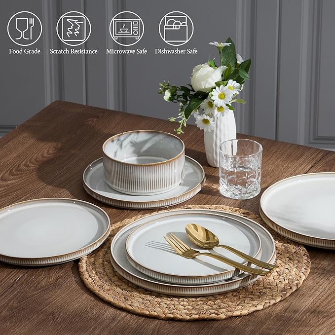 E-far 16 Piece Dinnerware Sets, Plates and Bowls with Pasta Bowls Service for 4, Modern Stoneware Ribbed Dishes for Kitchen Dining, Microwave & Dishwasher Safe, Creamy Beige