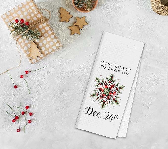 Christmas Eve Kitchen Towels, Rustic Winter Xmas Dish Tea Towels for Kitchen, Red and Green Christmas Pine Snowflake Decorative Hand Towel for Bathroom, 16x24 Inch