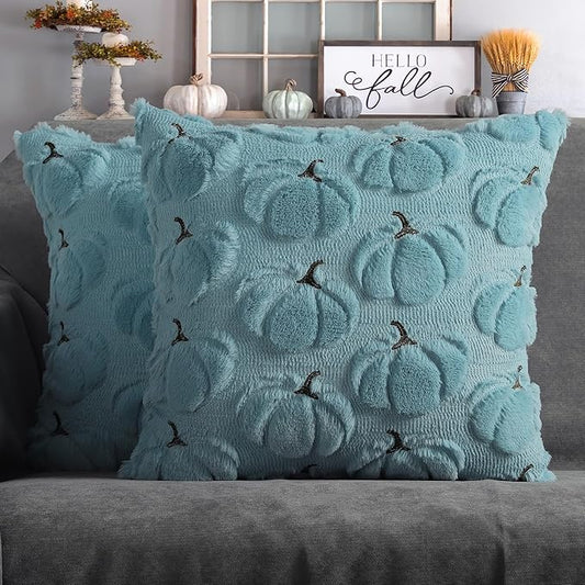 4TH Emotion Fall Pumpkins Decorative Pillow Covers 18x18 Set of 2, Light Blue Soft Plush Faux Fur Wool Farmhouse Throw Cushion Cases for Autumn Thanksgiving Holiday Home Decorations