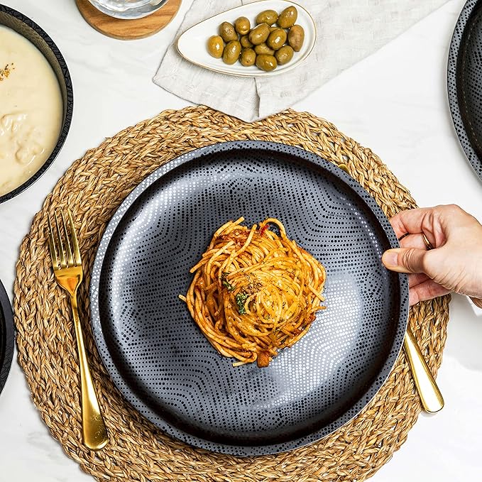 bzyoo 12 Piece Melamine Dinnerware Set - Durable, Dishwasher Safe Black Plates and Bowls - Casual Dining, Parties, Camping Dish Set Mono Black Collection