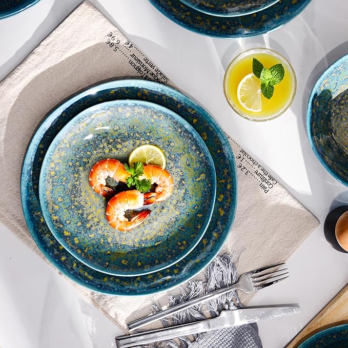 FINE&NICE Melamine Dinnerware Set of 12Pcs, Dish Set for 4, Lightweight Unbreakable Plates and Bowls Set, Great for RVs Camping, Dishwasher Safe,Rusty Blue