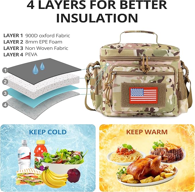 ATRIPACK Lunch Box for Men, Tactical Lunch Bag MOLLE Webbing Leakproof Insulated Large Lunch Cooler Women Adult Meal with Adjustable Shoulder Strap Durable Lunch Pail (Camo-Brown)