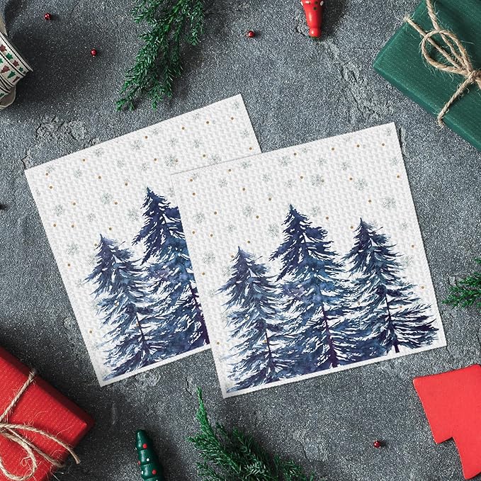 Artoid Mode Blue Snowflakes Xmas Tree Christmas Kitchen Dish Cloths, 12x12 Inch Quick Dry Microfiber Dishcloths for Kitchen Dish Rags Set of 2